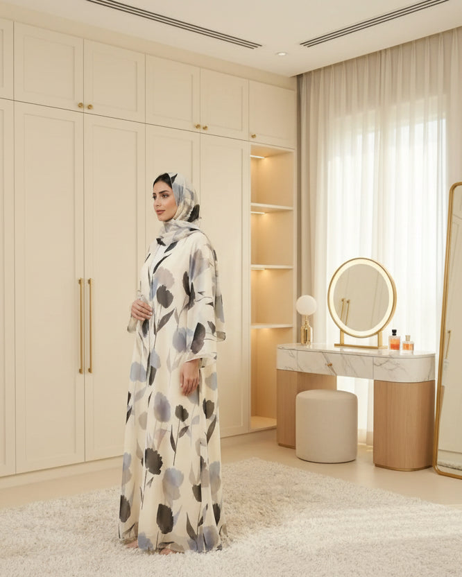 Apricot Botanical Print Abaya and Hijab Set for Eid, product view 3 1